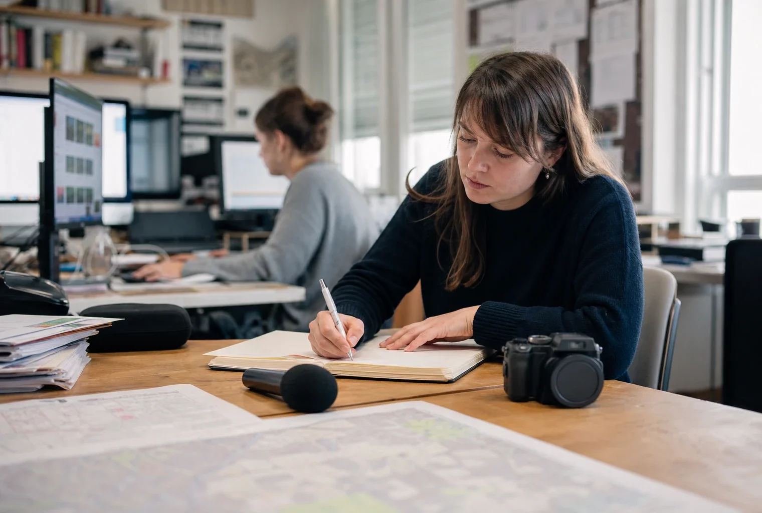 Journaliste en rédaction locale préparant un sujet politique avec carnet, micro et écran flou