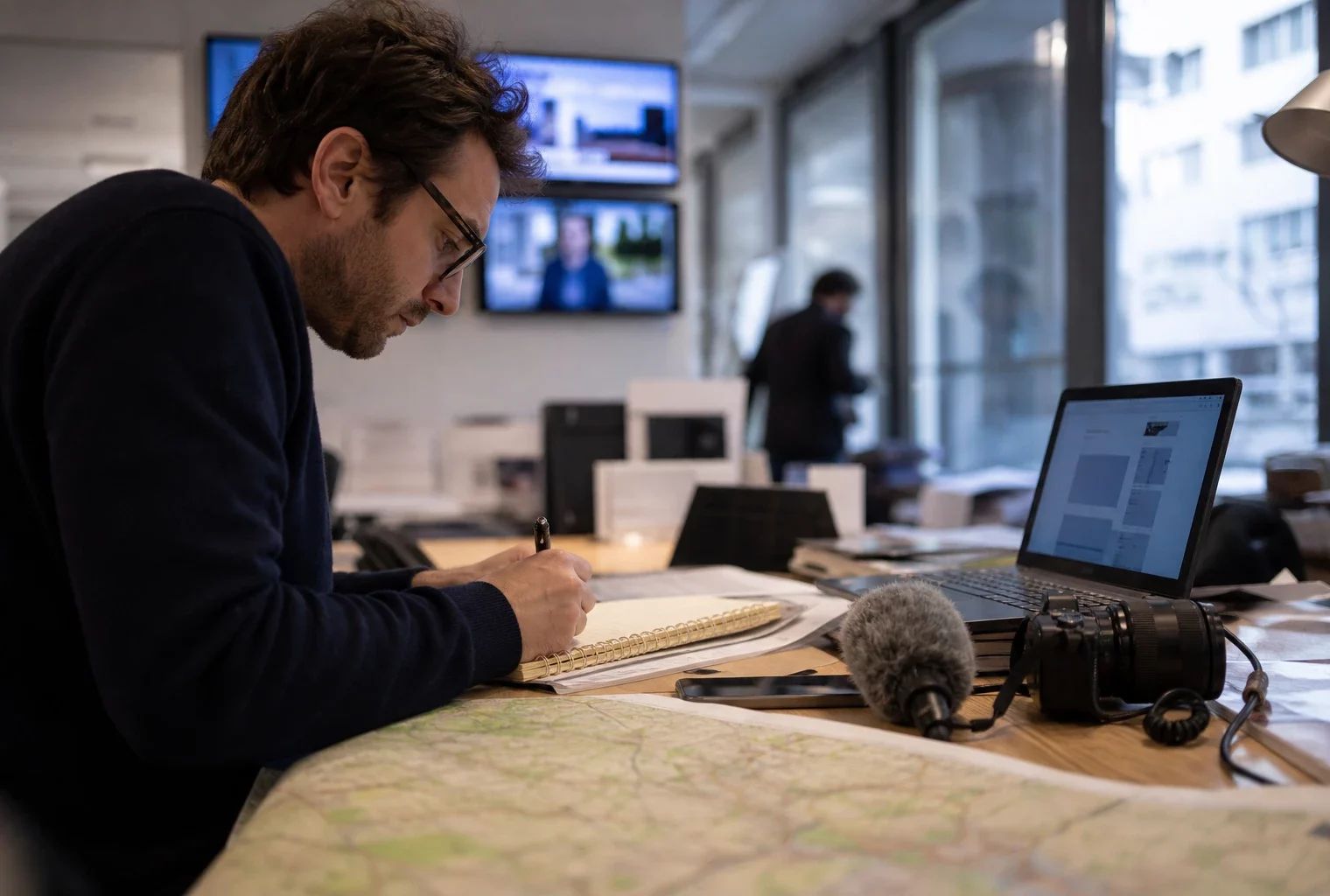Reporter dans une rédaction française, carnet ouvert, micro et carte papier floue pour préparer un sujet politique.