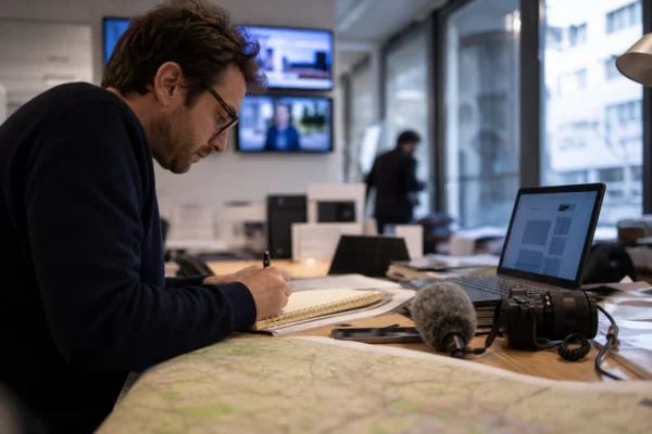 Reporter dans une rédaction française, carnet ouvert, micro et carte papier floue pour préparer un sujet politique.