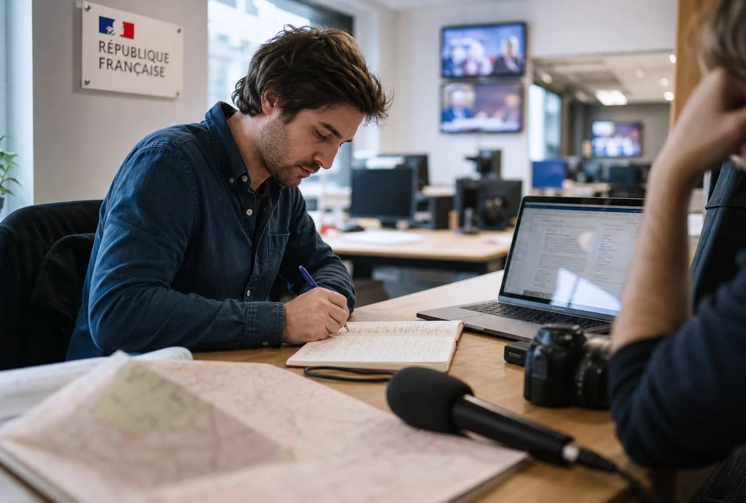 Journaliste en rédaction locale préparant un sujet politique territorial avec carnet, micro et écran flou