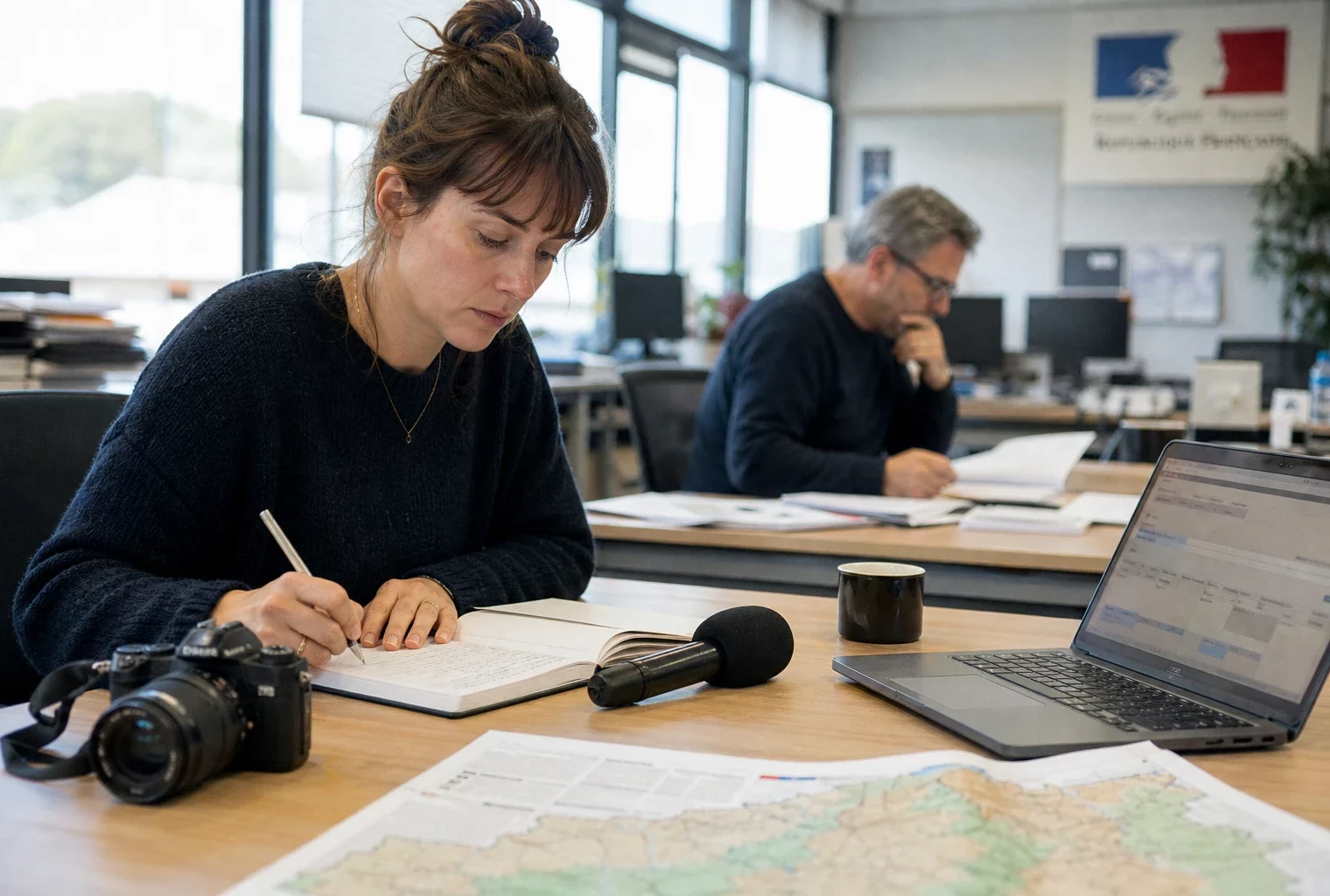 Journaliste en rédaction préparant un sujet territorial, avec carnet, micro sans logo et carte floue de Corrèze.