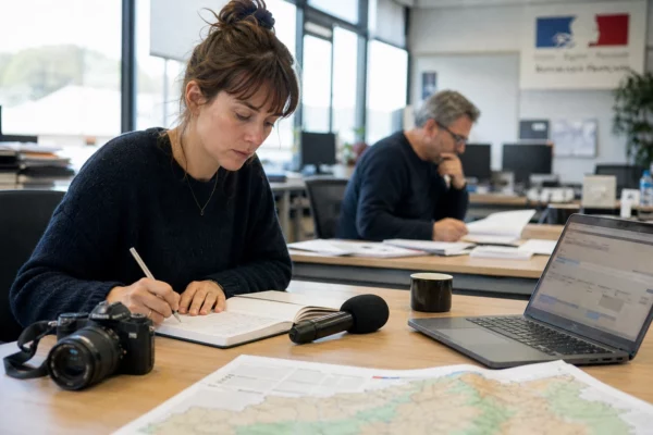 Journaliste en rédaction préparant un sujet territorial, avec carnet, micro sans logo et carte floue de Corrèze.