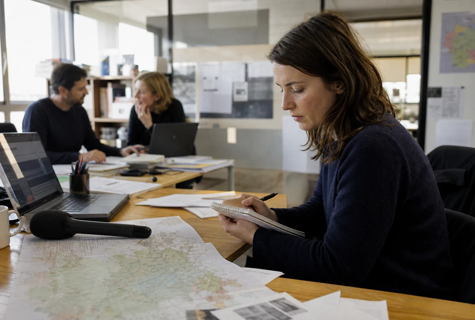 Journaliste dans une rédaction locale préparant un sujet territorial avec micro, carnet et carte floue.