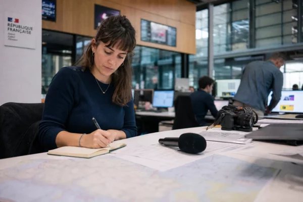 Un journaliste prépare un sujet politique territorial dans une rédaction française lumineuse, avec carnet et micro sans logo.