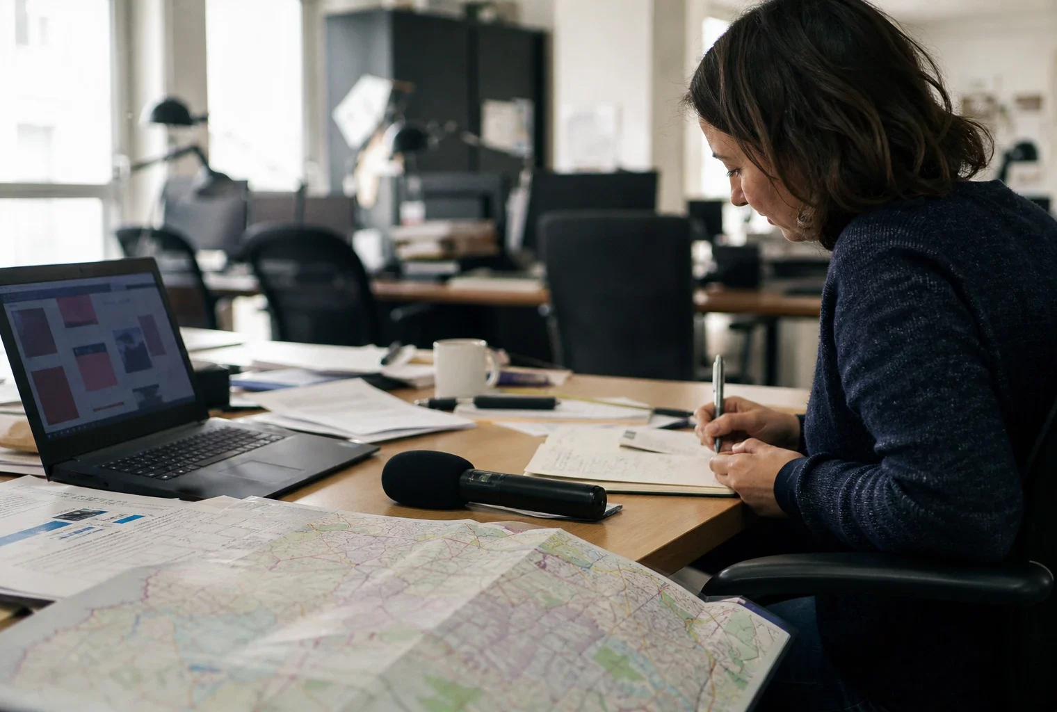 Journaliste préparant un sujet territorial dans une rédaction lumineuse, avec carnet, micro et documents flous.