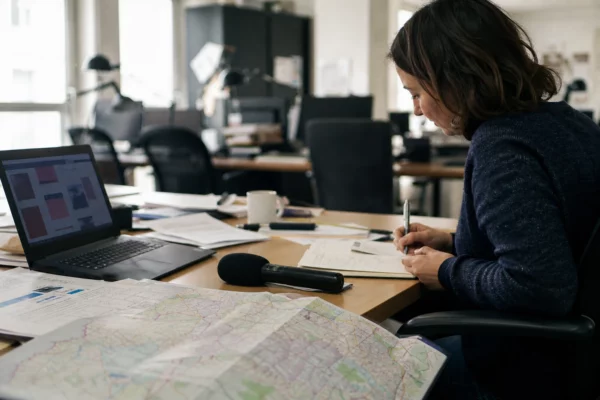 Journaliste préparant un sujet territorial dans une rédaction lumineuse, avec carnet, micro et documents flous.