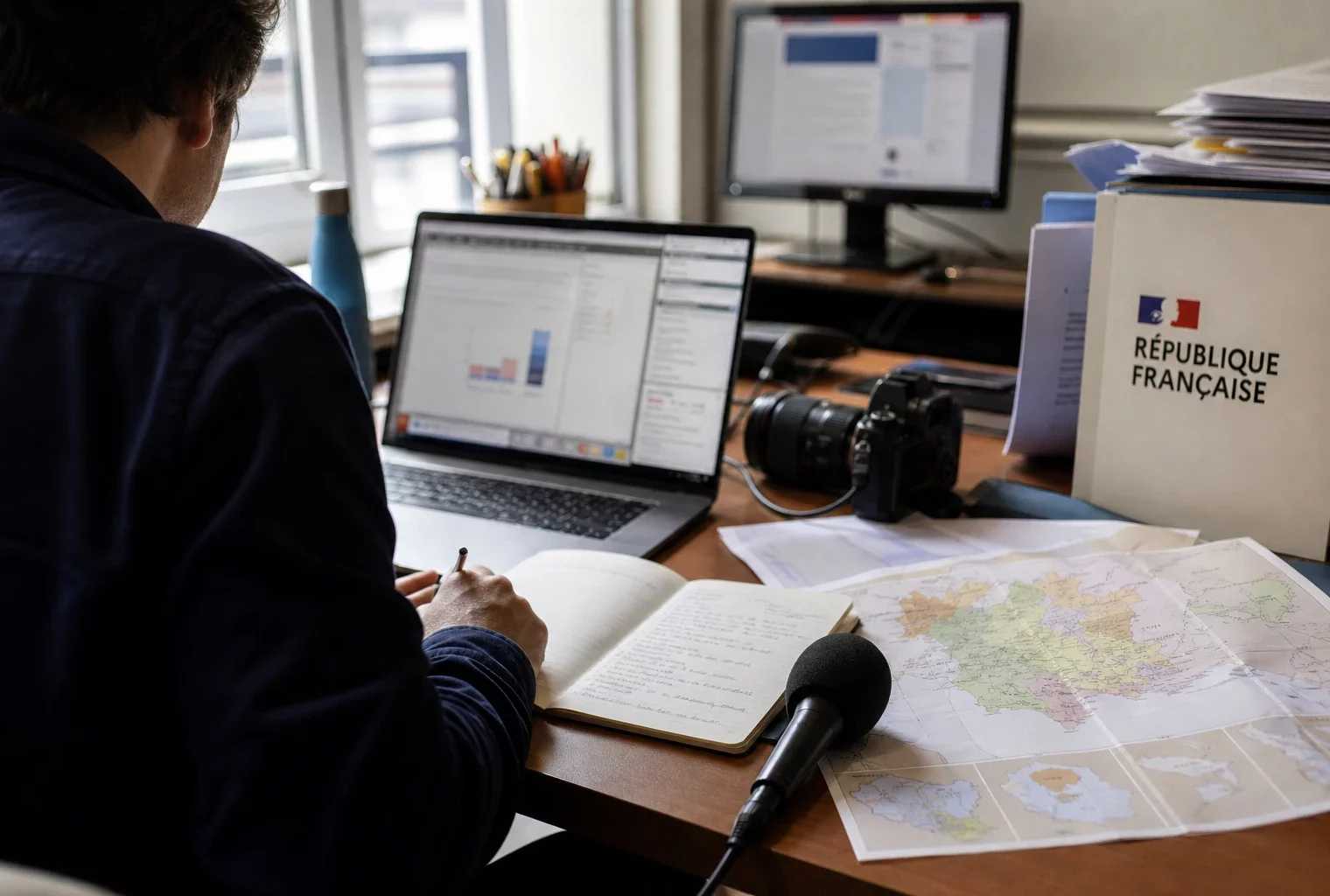 Journaliste préparant un sujet territorial dans une rédaction française, avec carnet, micro et carte floue sur la table.
