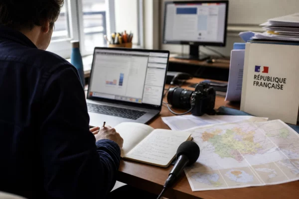 Journaliste préparant un sujet territorial dans une rédaction française, avec carnet, micro et carte floue sur la table.