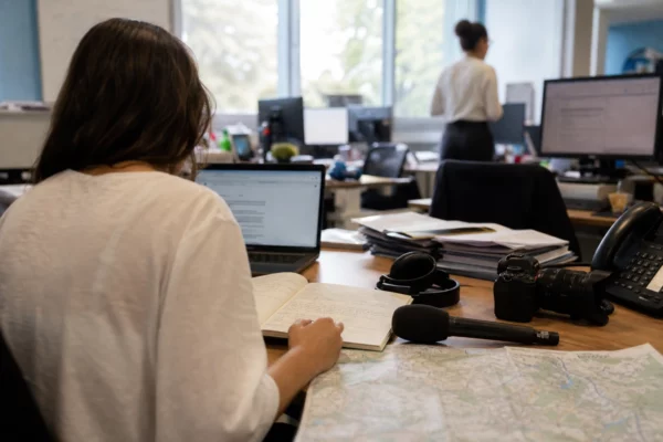 Journaliste en rédaction locale préparant un sujet territorial, avec carnet, micro sans logo et écrans flous.