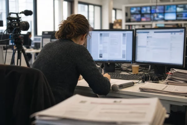 Journaliste dans une rédaction française, avec micro et écrans flous, sur fond d’actualité autour de Marc Bloch.