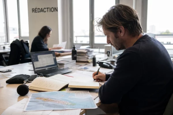Journaliste en rédaction préparant un sujet sur la Nouvelle-Calédonie, carnet ouvert, micro et carte floue.