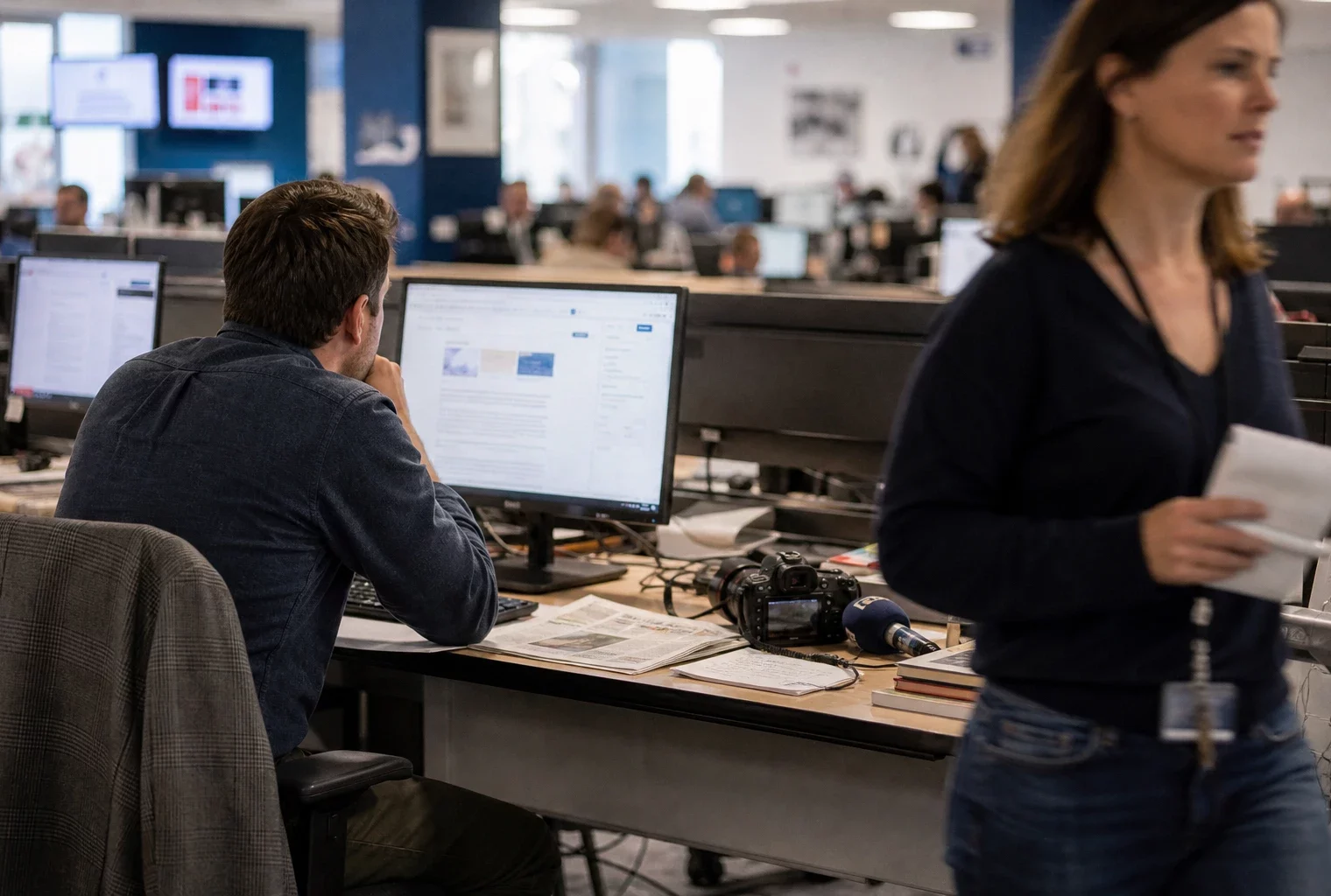 Journaliste dans une rédaction française, écrans flous et micro de presse, en train de préparer un sujet sur le pacte asile-migration