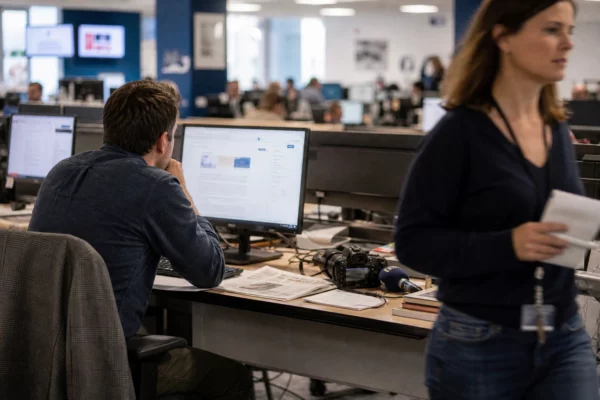 Journaliste dans une rédaction française, écrans flous et micro de presse, en train de préparer un sujet sur le pacte asile-migration