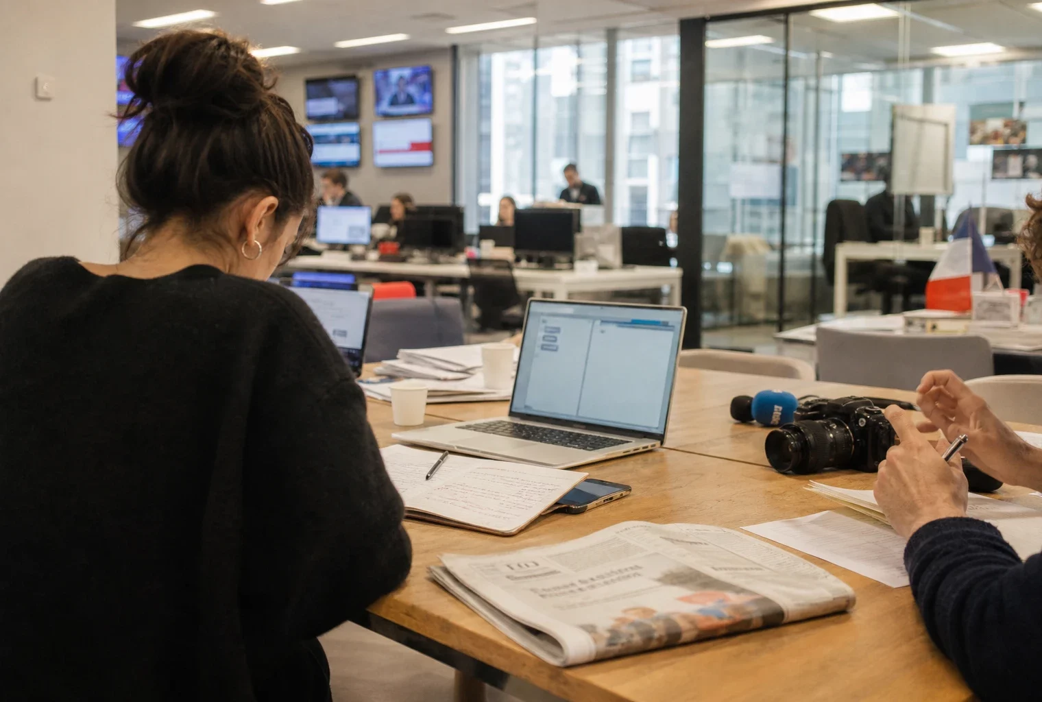 Une rédaction parisienne en réunion, avec journaliste, caméra et écrans flous autour d’une table de travail.