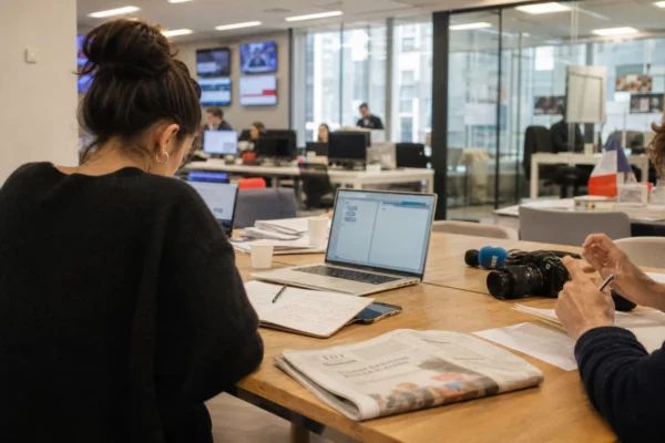 Une rédaction parisienne en réunion, avec journaliste, caméra et écrans flous autour d’une table de travail.