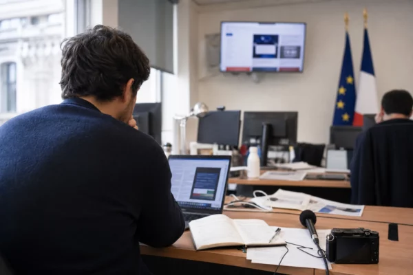 Journaliste dans une rédaction française préparant un sujet sur l’Arcom, avec écran abstrait, carnet et micro sans logo.