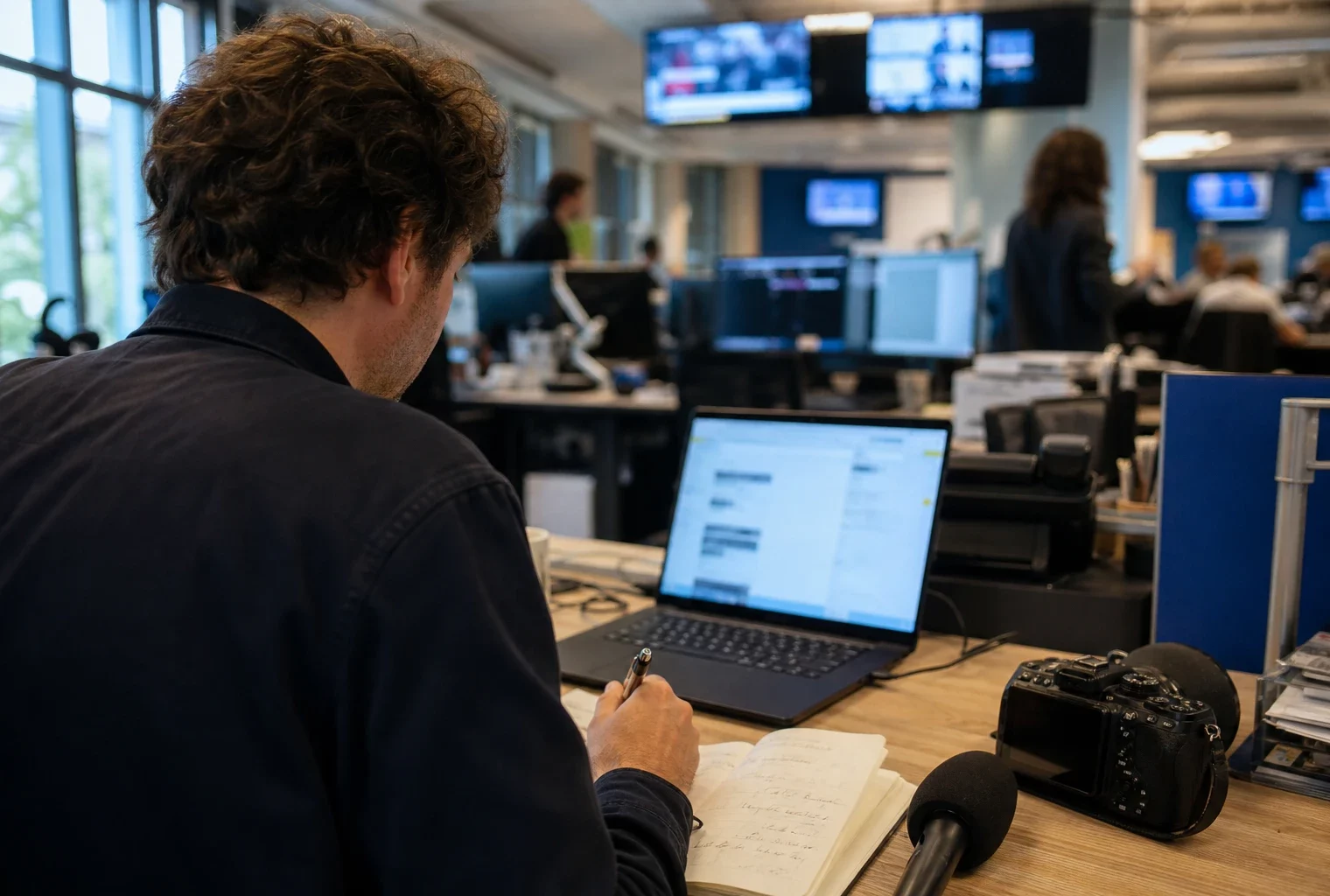 Journaliste en rédaction préparant un sujet politique, avec micro, carnet et écrans flous dans une newsroom lumineuse.