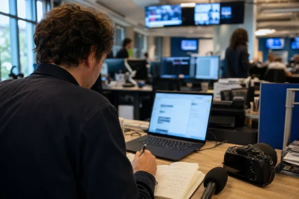 Journaliste en rédaction préparant un sujet politique, avec micro, carnet et écrans flous dans une newsroom lumineuse.