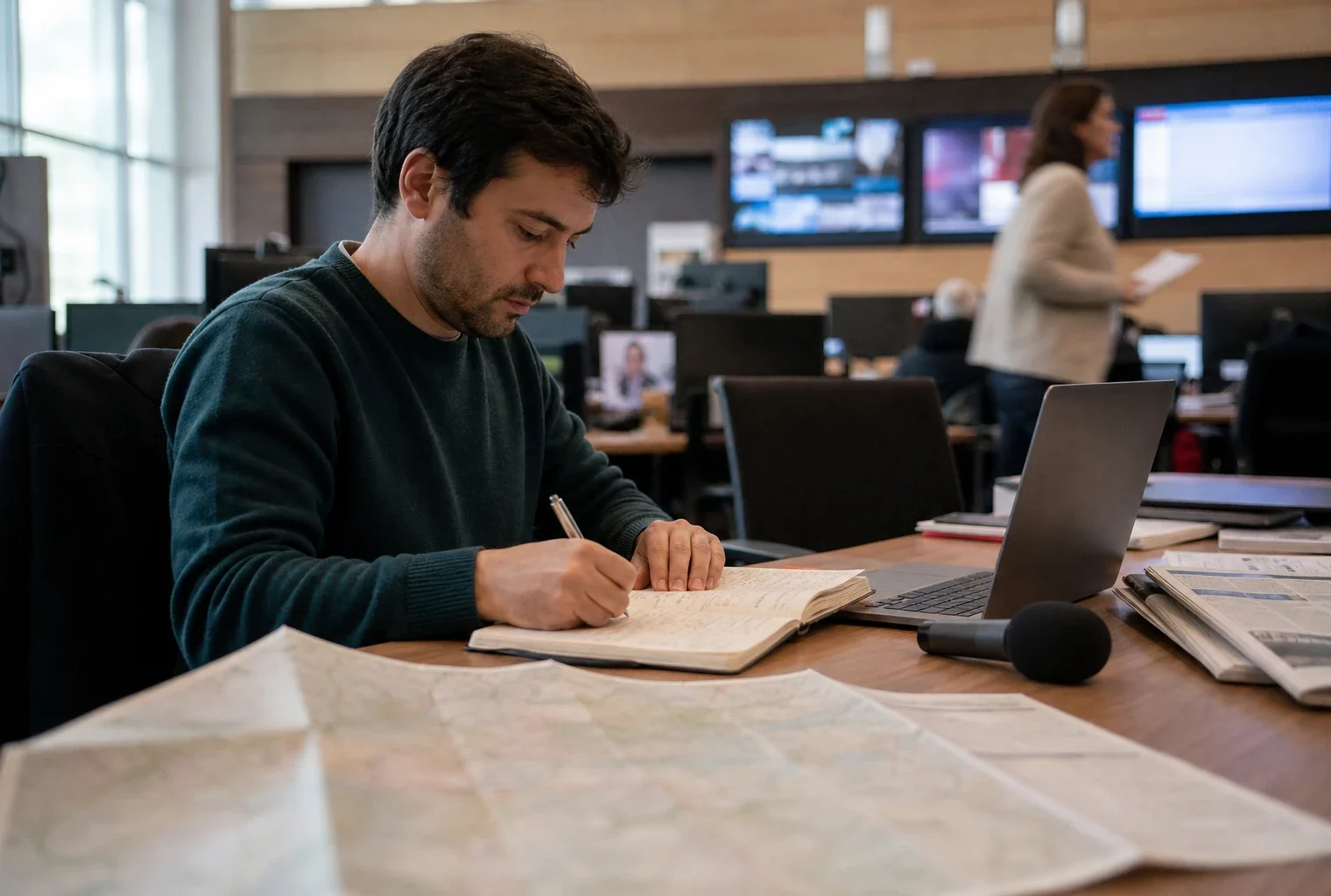 Journaliste en rédaction préparant un sujet politique local, avec carnet, carte floue et micro sans logo.