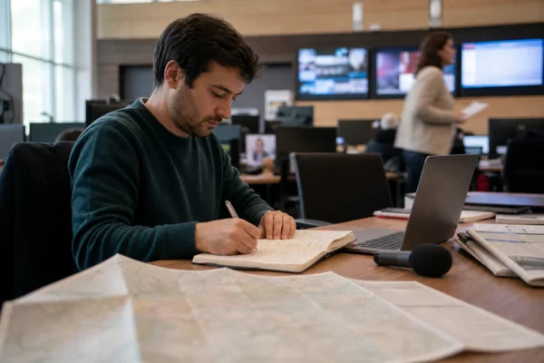 Journaliste en rédaction préparant un sujet politique local, avec carnet, carte floue et micro sans logo.