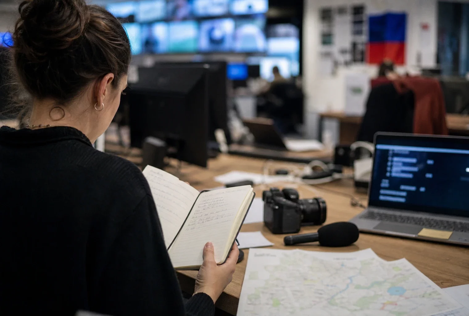 Journaliste en rédaction préparant un sujet politique avec carnet, micro sans logo et carte floue sur le bureau.