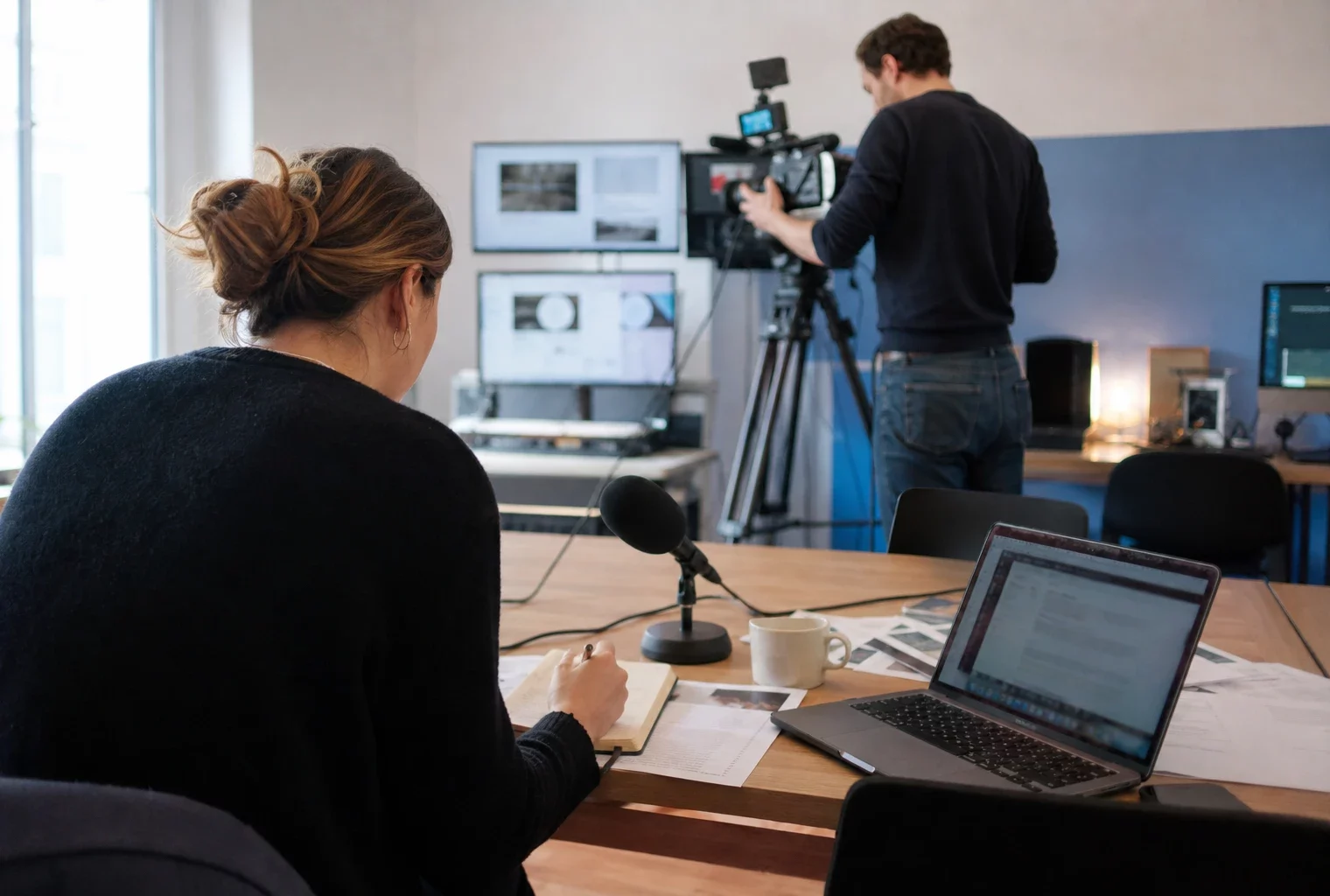 Dans une rédaction française, des journalistes préparent un sujet politique avec micros, carnet et écrans flous.