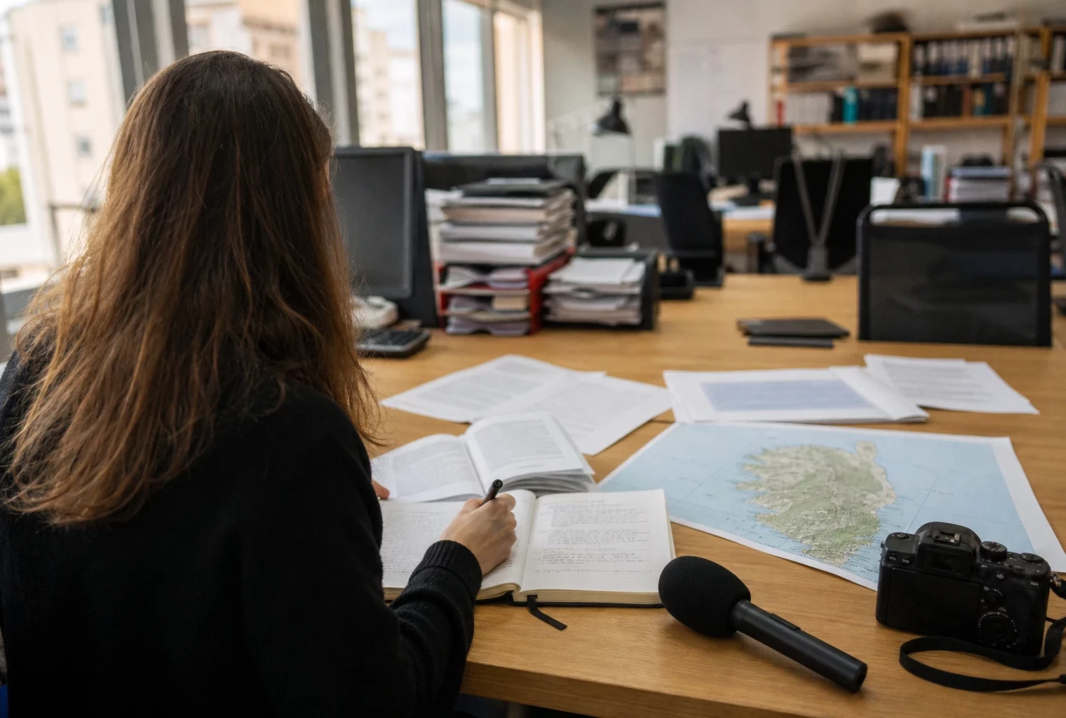 Journaliste en rédaction préparant un sujet sur l’autonomie de la Corse, avec carnet, micro et carte floue.