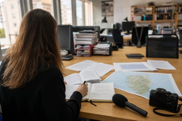 Journaliste en rédaction préparant un sujet sur l’autonomie de la Corse, avec carnet, micro et carte floue.