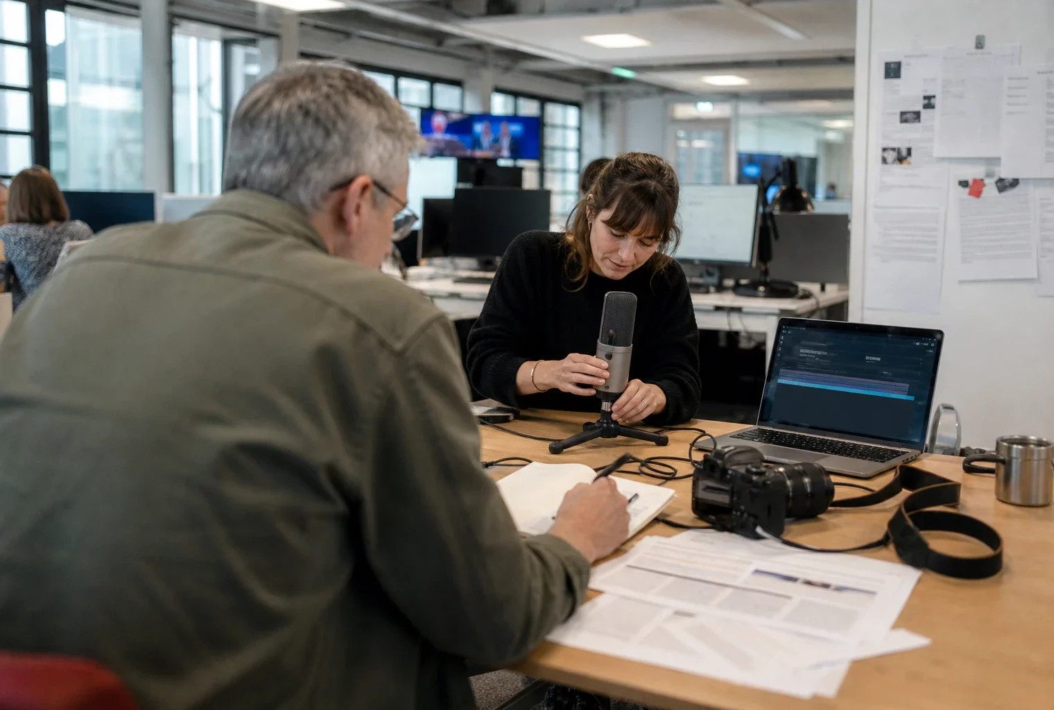 Rédaction politique française préparant un sujet sur la présidentielle 2027, avec micro, carnet et écran flou.