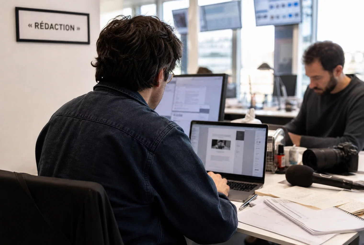 Journaliste dans une rédaction parisienne, avec caméra et micro, en train de préparer un sujet sur l’enseignement supérieur privé.