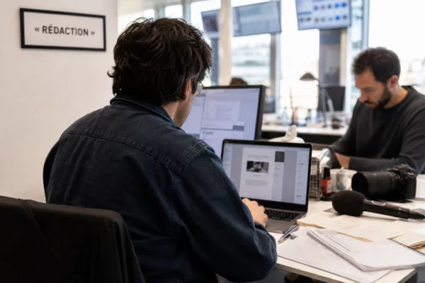 Journaliste dans une rédaction parisienne, avec caméra et micro, en train de préparer un sujet sur l’enseignement supérieur privé.