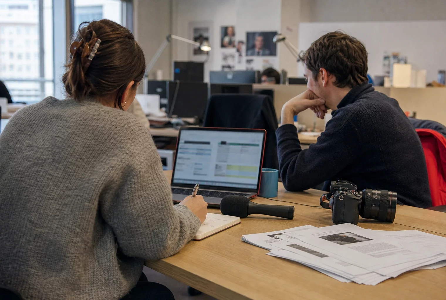 Deux journalistes en rédaction préparent un sujet sur la santé mentale des jeunes, avec micro, ordinateur et notes floues.