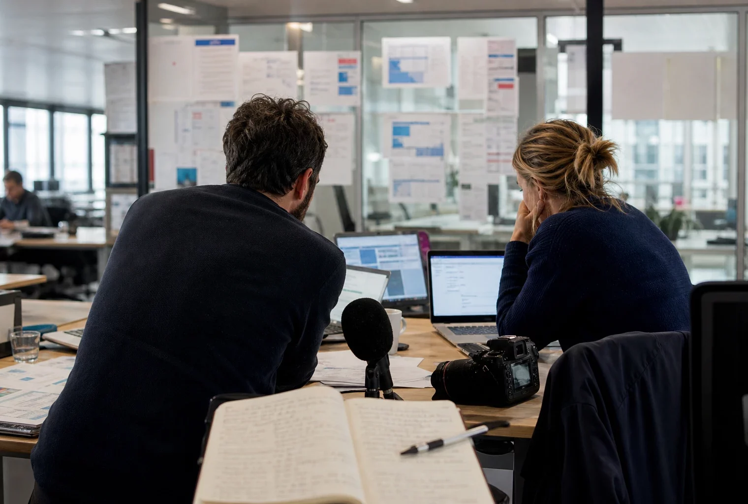 Dans une rédaction française, deux journalistes préparent un sujet sur les ingérences numériques avec micro, carnet et écrans flous.