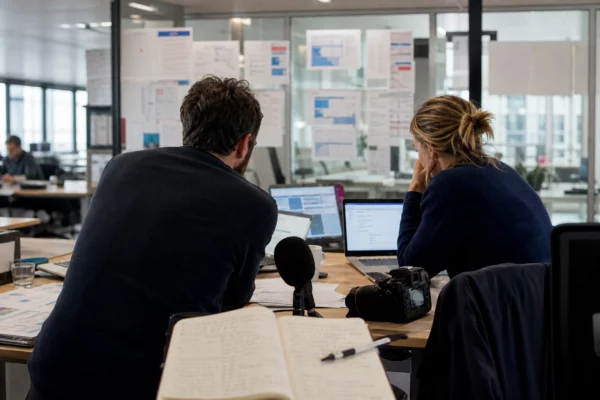 Dans une rédaction française, deux journalistes préparent un sujet sur les ingérences numériques avec micro, carnet et écrans flous.
