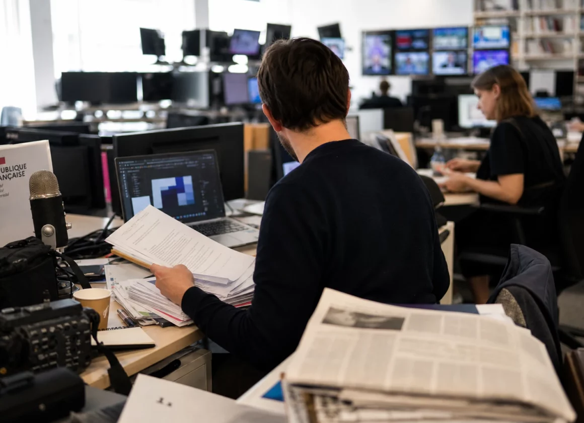 Journaliste dans une rédaction parisienne avec écrans flous et documents européens sur le bureau