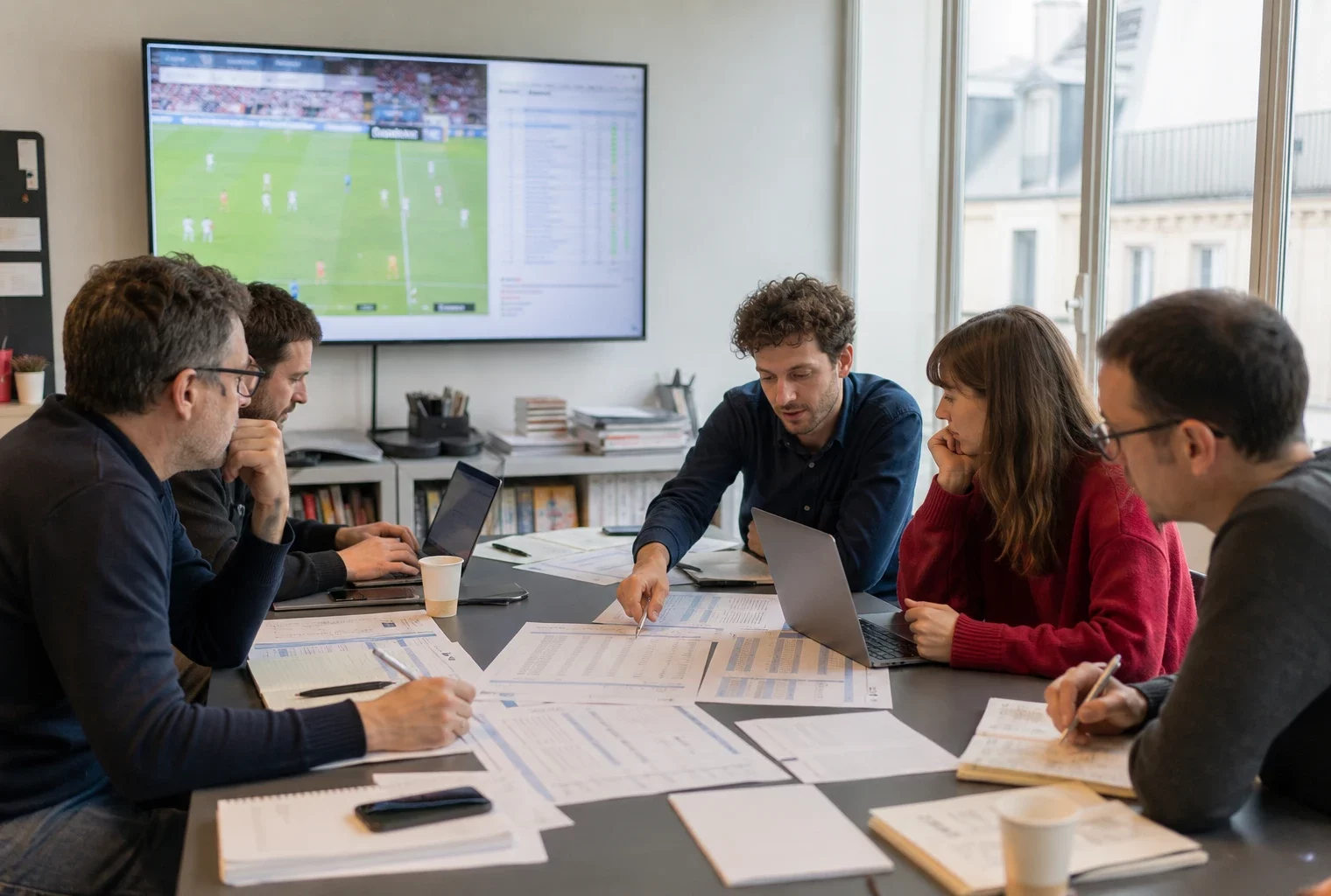 Cinq journalistes dans une rédaction parisienne discutent des meilleurs buteurs de la Coupe du monde autour de documents flous.