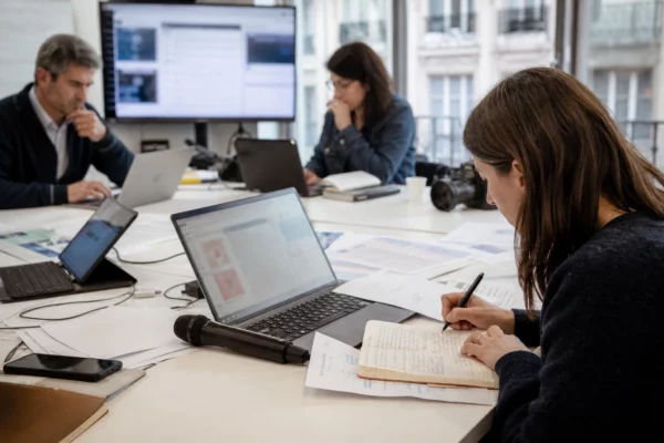 Rédaction française préparant un sujet politique, avec micro, carnet et écrans flous sans texte lisible.