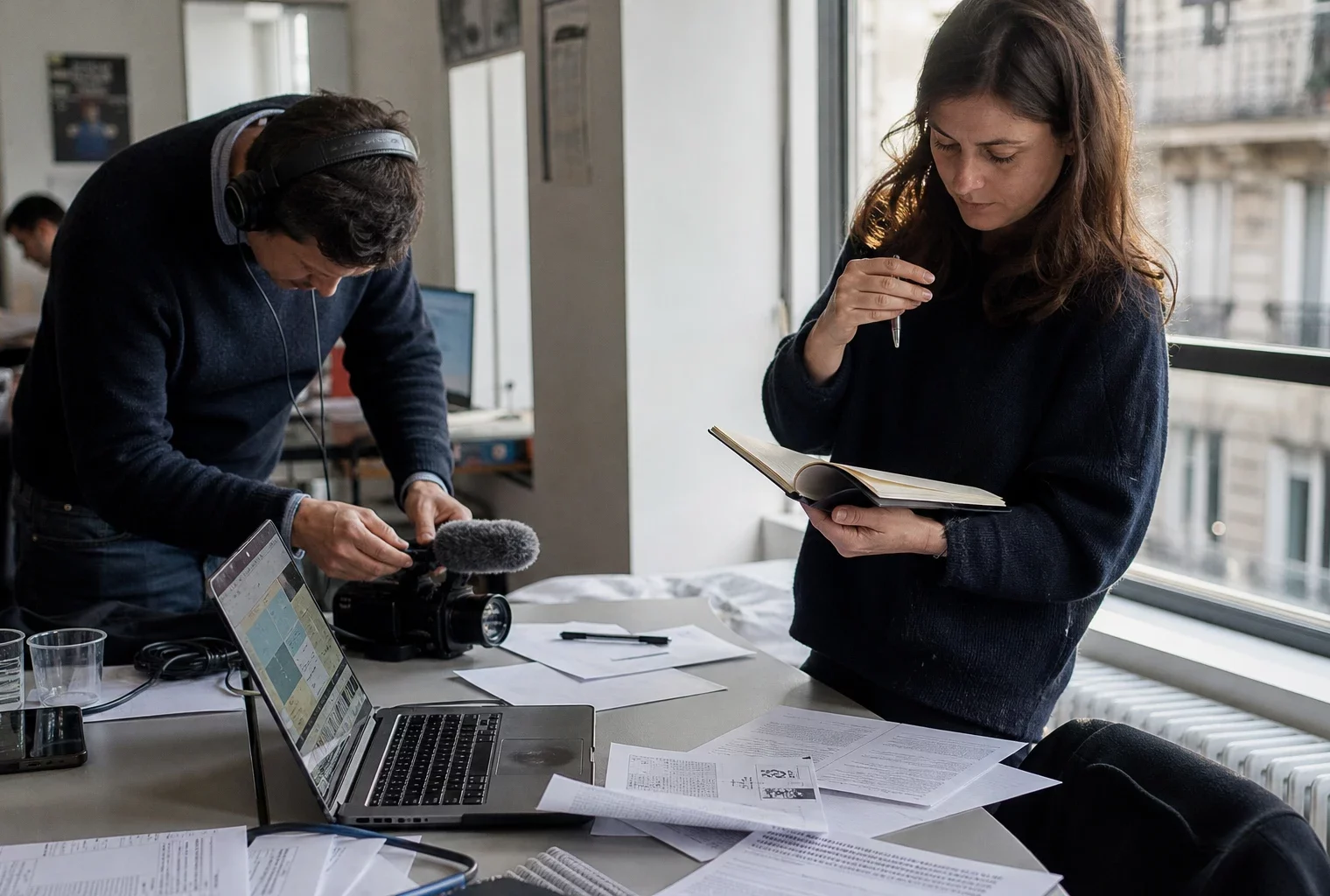 Journalistes en rédaction préparant un sujet politique, avec micro, carnet et écran d’ordinateur flouté.