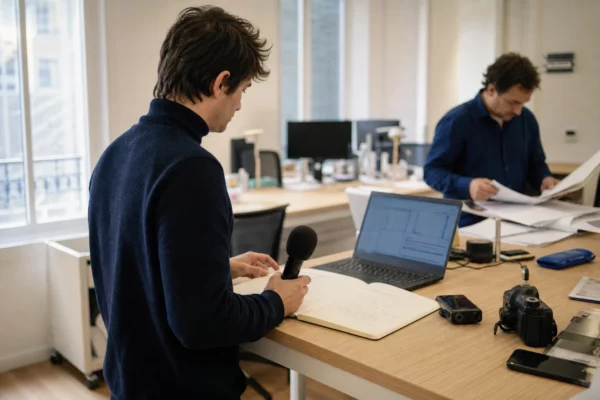 Reporter dans une rédaction lumineuse, carnet ouvert, micro sans logo et écrans flous pour un sujet politique.