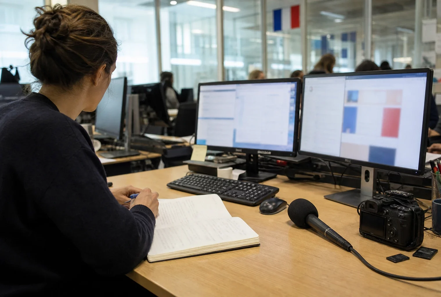 Une rédaction française prépare un sujet politique avec carnet, micro sans logo et écrans abstraits.