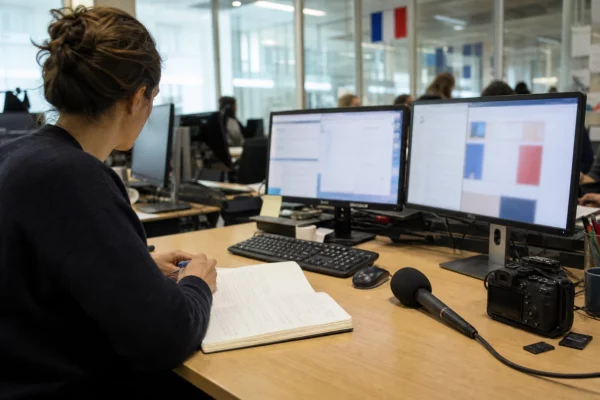 Une rédaction française prépare un sujet politique avec carnet, micro sans logo et écrans abstraits.