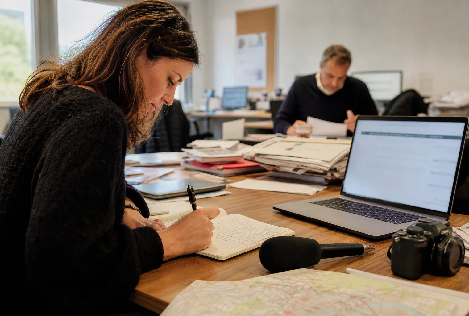 Journaliste en rédaction préparant un sujet sur la justice et la protection des enfants, carnet et micro sur la table