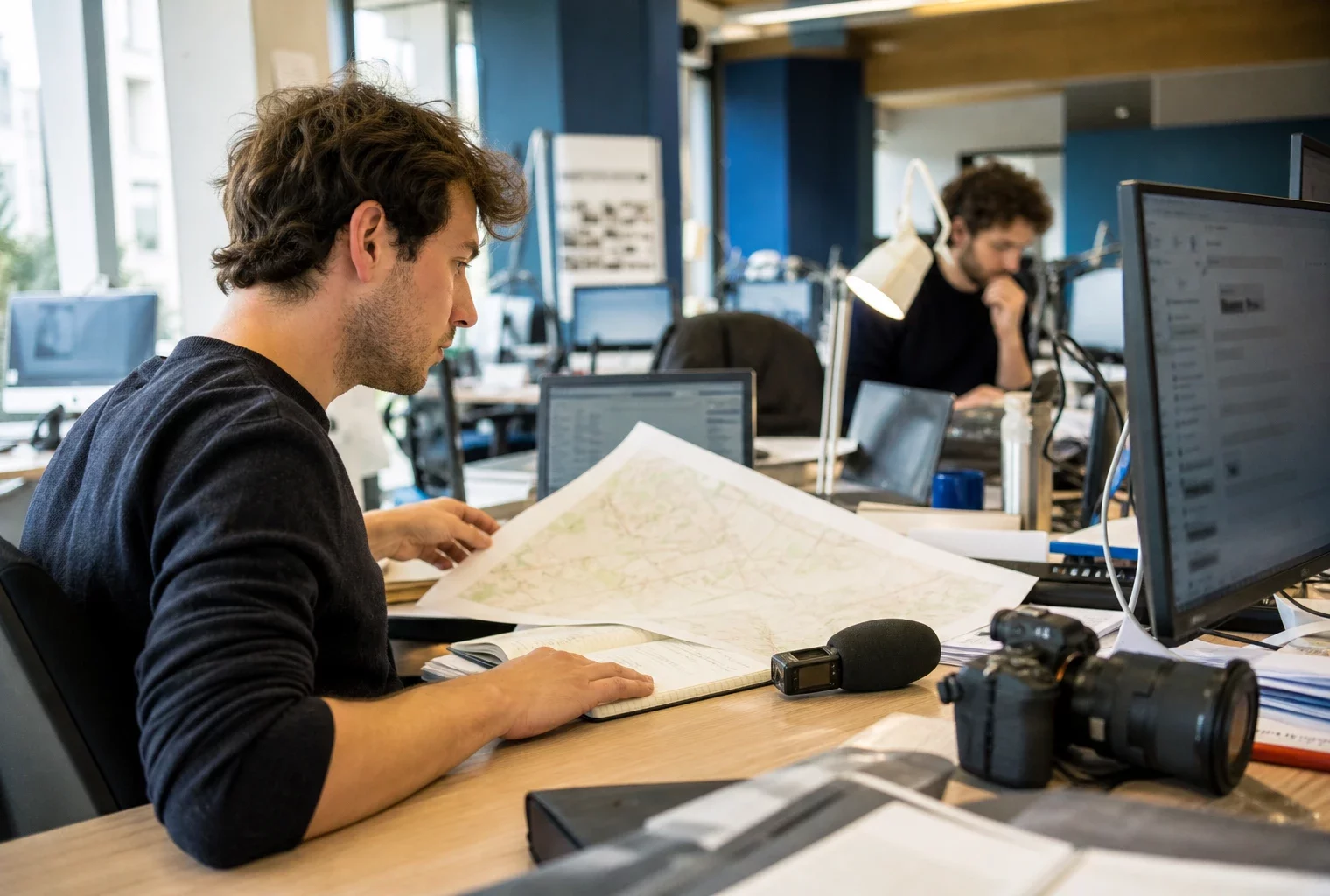 Journaliste en rédaction préparant un sujet politique avec carnet, micro sans logo et cartes floues