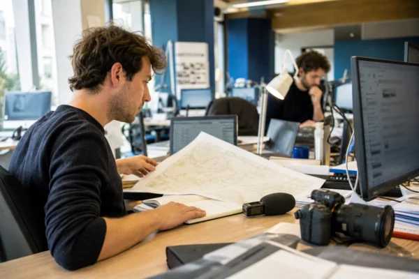 Journaliste en rédaction préparant un sujet politique avec carnet, micro sans logo et cartes floues