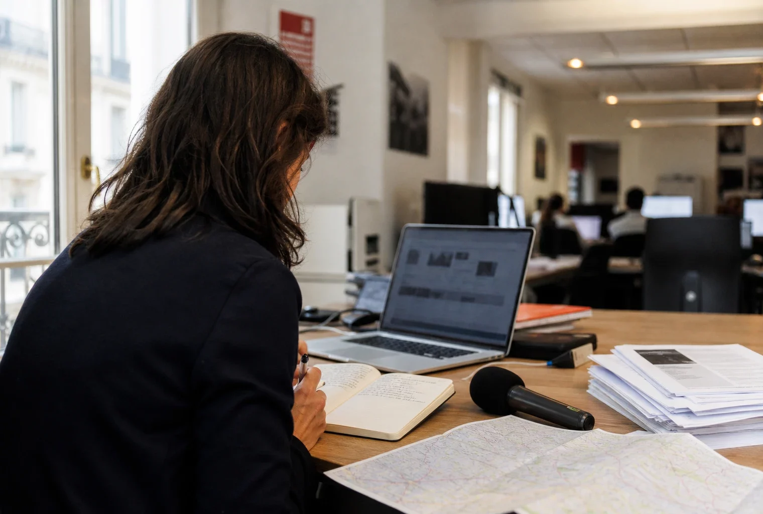 Journaliste en rédaction préparant un sujet politique, carnet ouvert, micro sans logo et carte floue sur la table.