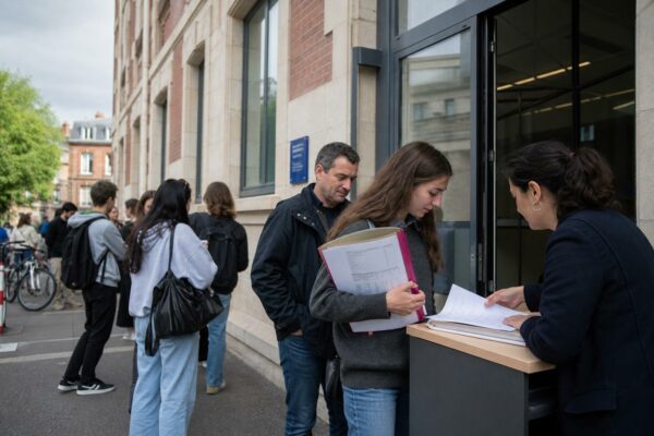 Des étudiants remplissent des documents d’inscription dans un hall d’accueil lumineux d’un établissement supérieur en France.