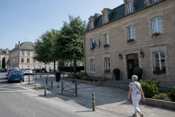 Place de petite ville en Corrèze avec mairie, passants anonymes et ambiance calme de reportage.