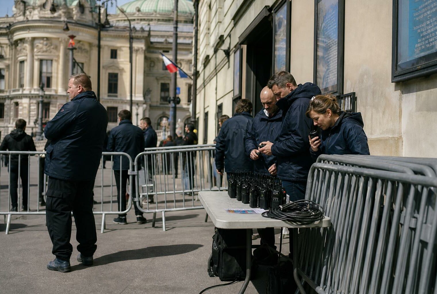Reportage calme devant un lieu culturel parisien avec du matériel de sécurité et des silhouettes anonymes en journée.