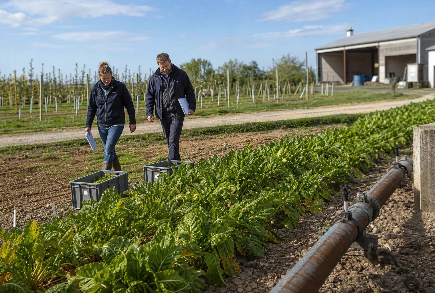 Deux techniciens observent une parcelle agricole française lors d’un reportage de terrain, sous une lumière naturelle claire.