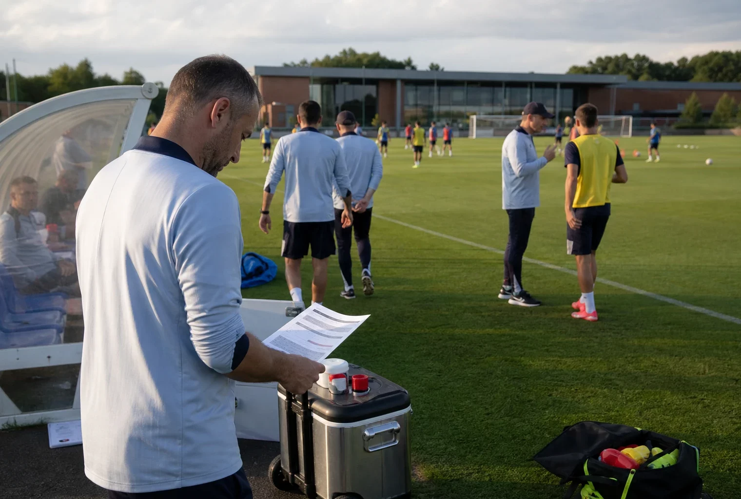 Des membres du staff des Bleus observant un entraînement à Clairefontaine, sur une pelouse en lumière naturelle.